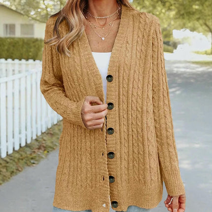Women Long Sleeve Cable Knit Sweater Button Down V Neck Cardigan