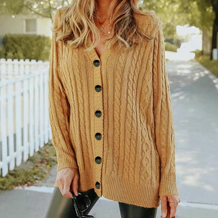 Women Long Sleeve Cable Knit Sweater Button Down V Neck Cardigan