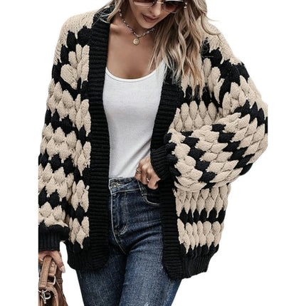 Women's Color Block Open Front Long Sleeve Chunky Knit Cardigan Sweaters