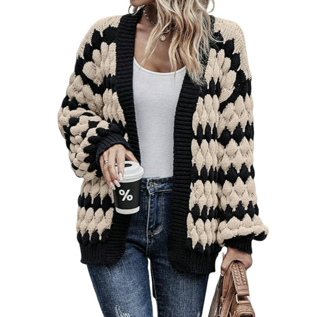 Women's Color Block Open Front Long Sleeve Chunky Knit Cardigan Sweaters