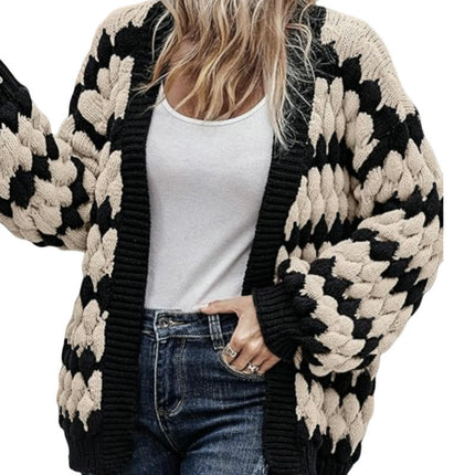 Women's Color Block Open Front Long Sleeve Chunky Knit Cardigan Sweaters