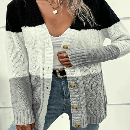 Women's Color Block Long Sleeve Button Up Cable Knit Cardigan Sweater