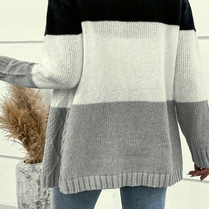 Women's Color Block Long Sleeve Button Up Cable Knit Cardigan Sweater