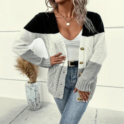 Women's Color Block Long Sleeve Button Up Cable Knit Cardigan Sweater