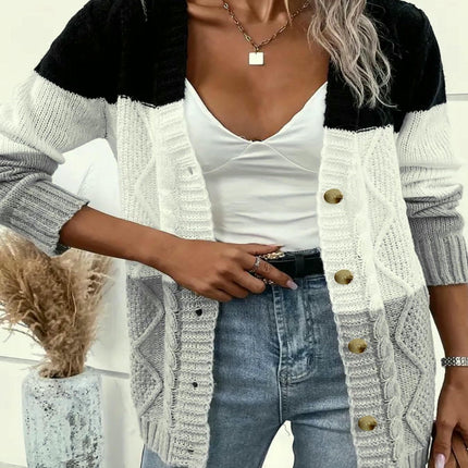 Women's Color Block Long Sleeve Button Up Cable Knit Cardigan Sweater