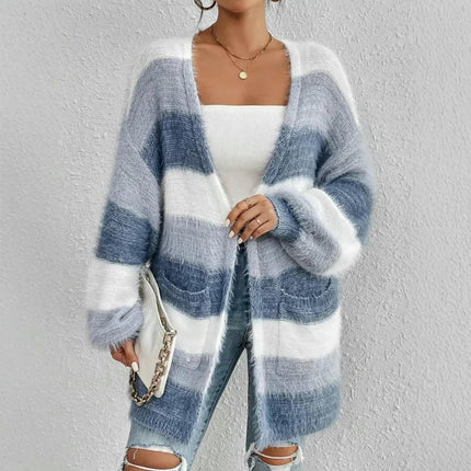 Women's Fuzzy Cardigan Color Block Open Front Knit Sweater with Pockets