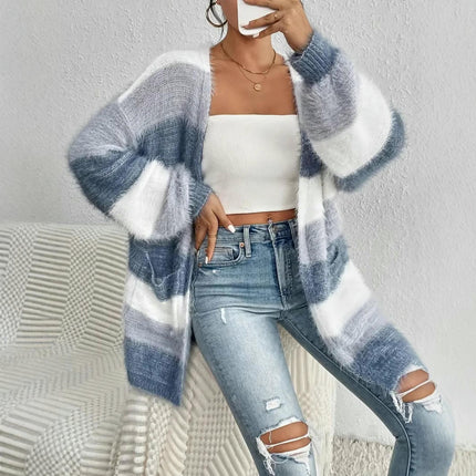 Women's Fuzzy Cardigan Color Block Open Front Knit Sweater with Pockets