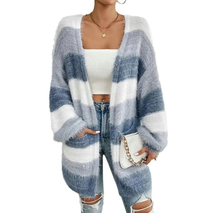 Women's Fuzzy Cardigan Color Block Open Front Knit Sweater with Pockets