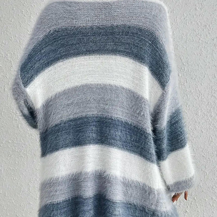 Women's Fuzzy Cardigan Color Block Open Front Knit Sweater with Pockets