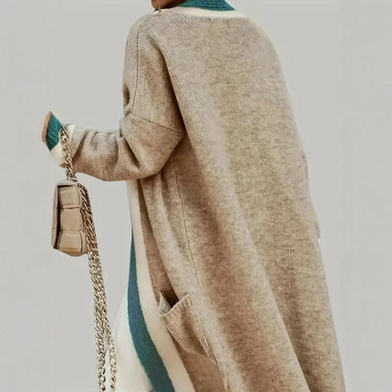Women's Color Block Knit Long Cardigan Open Front Long Sleeve Sweaters