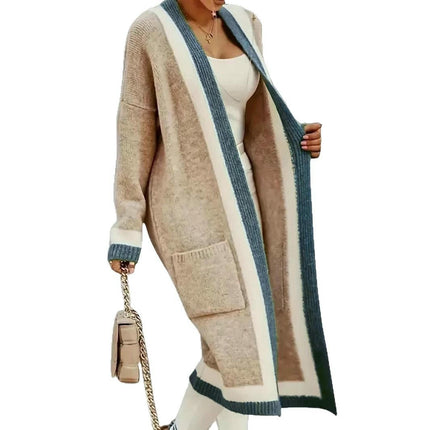 Women's Color Block Knit Long Cardigan Open Front Long Sleeve Sweaters
