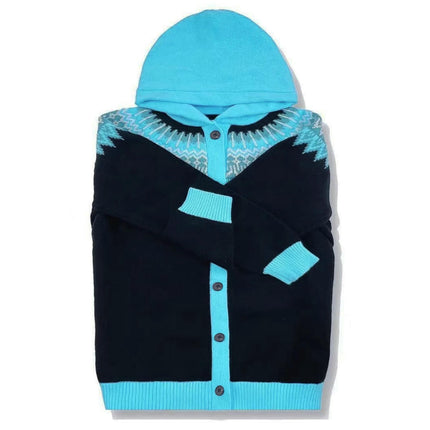 Women Button Down Long Sleeve Hooded Knit Cardigan Sweaters Color Block Coat
