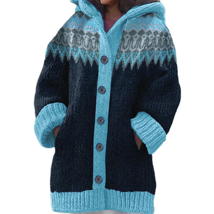 Women Button Down Long Sleeve Hooded Knit Cardigan Sweaters Color Block Coat