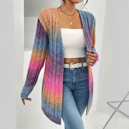 Womens Color Block Cardigan Open Front Cable Knit Long Sleeve Sweaters