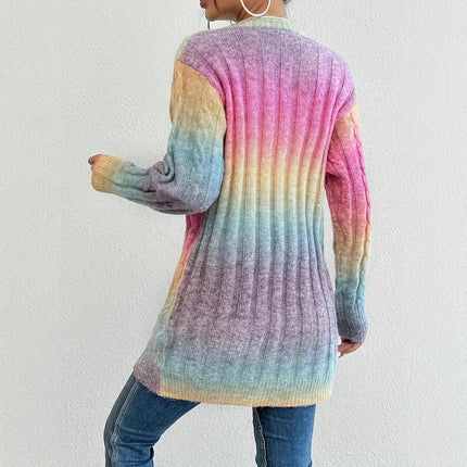 Womens Color Block Cardigan Open Front Cable Knit Long Sleeve Sweaters