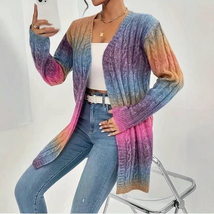 Womens Color Block Cardigan Open Front Cable Knit Long Sleeve Sweaters