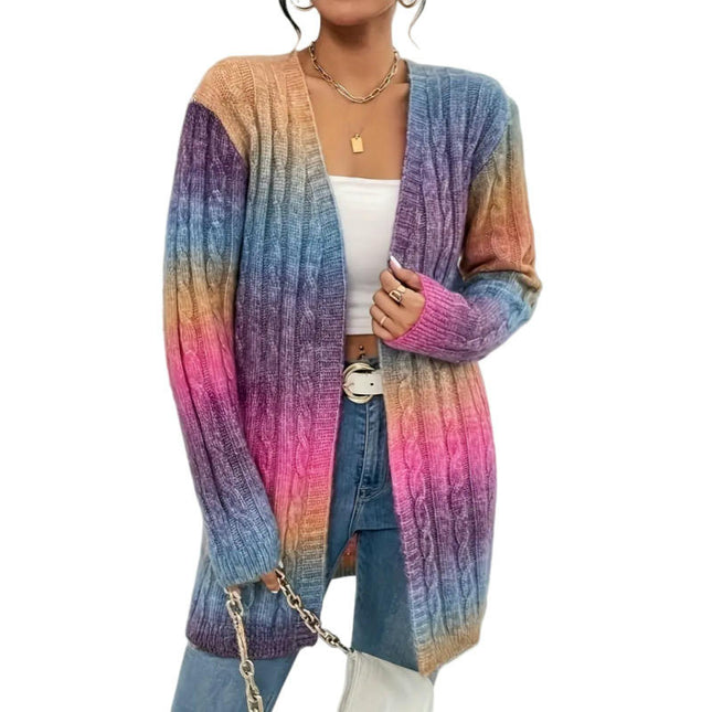 Womens Color Block Cardigan Open Front Cable Knit Long Sleeve Sweaters