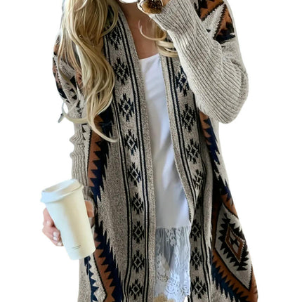Womens Long Cardigan Open Front Print Knitted Long Sleeve Sweater
