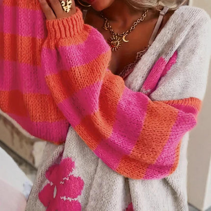 Women's Floral Cardigan Long Sleeves Casual Knitted Open Front Sweaters