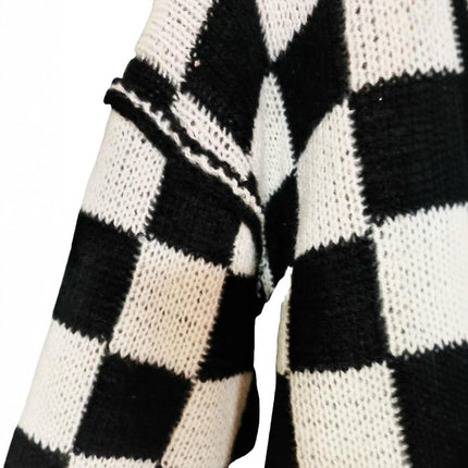 Womens Long Sleeve Knit Open Front Checkered Sweater Color Block Plaid Cardigans