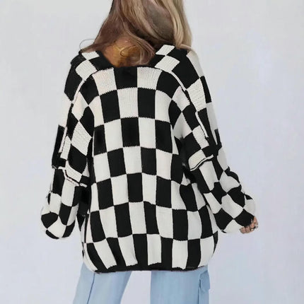 Womens Long Sleeve Knit Open Front Checkered Sweater Color Block Plaid Cardigans