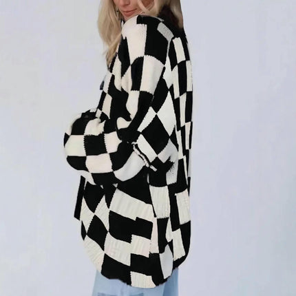 Womens Long Sleeve Knit Open Front Checkered Sweater Color Block Plaid Cardigans
