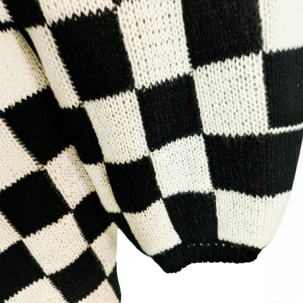 Womens Long Sleeve Knit Open Front Checkered Sweater Color Block Plaid Cardigans