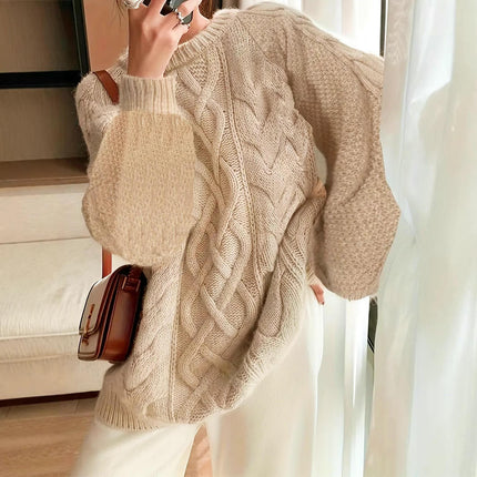Casual Crewneck Sweaters for Women Cable Knit Long Sleeve Pullover Tops