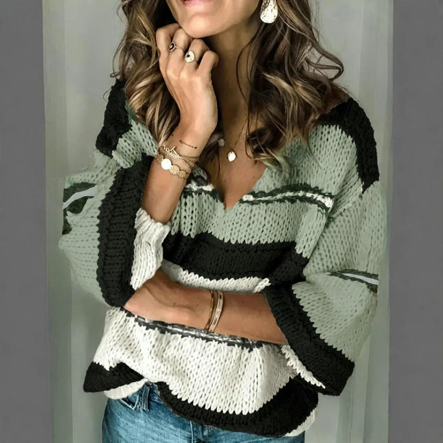 Women's V Neck Long Sleeve Knit Loose Color Block Stripe Pullover Sweater Top