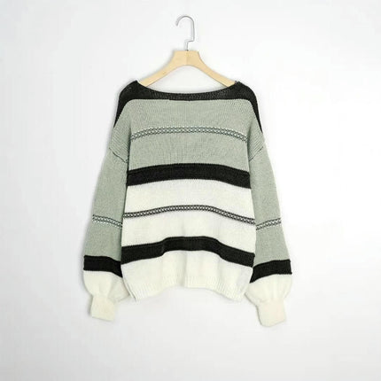 Women's V Neck Long Sleeve Knit Loose Color Block Stripe Pullover Sweater Top