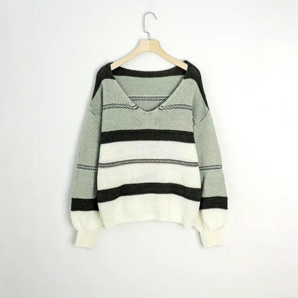 Women's V Neck Long Sleeve Knit Loose Color Block Stripe Pullover Sweater Top