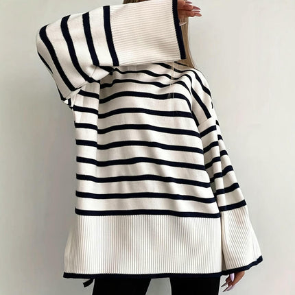 Womens Strip Turtleneck Sweaters Long Sleeve Knit Oversized Pullover Tops
