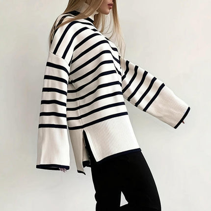 Womens Strip Turtleneck Sweaters Long Sleeve Knit Oversized Pullover Tops