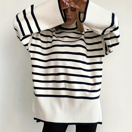 Womens Strip Turtleneck Sweaters Long Sleeve Knit Oversized Pullover Tops