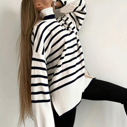 Womens Strip Turtleneck Sweaters Long Sleeve Knit Oversized Pullover Tops