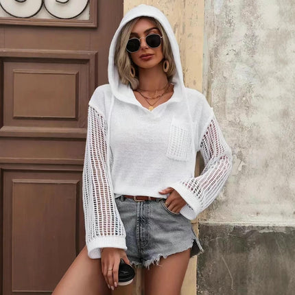 Womens Hooded Hollow Out Long Sleeve Knit Sweaters Pullover Tops
