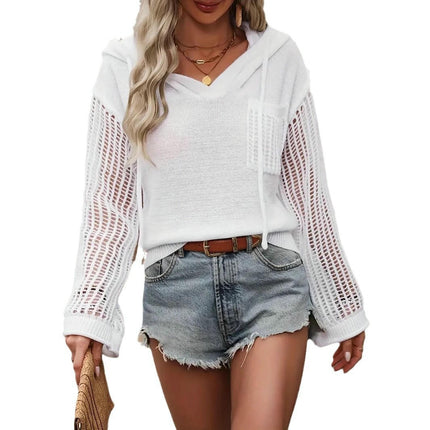 Womens Hooded Hollow Out Long Sleeve Knit Sweaters Pullover Tops