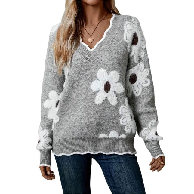 Womens Floral Sweaters Casual Long Sleeve Knit Pullover V Neck Top