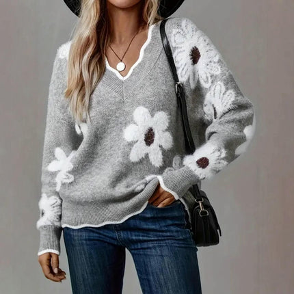Womens Floral Sweaters Casual Long Sleeve Knit Pullover V Neck Top