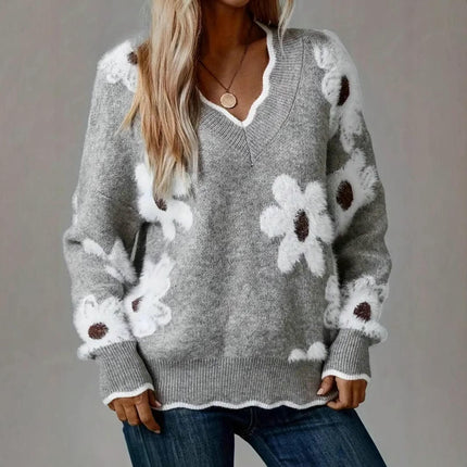 Womens Floral Sweaters Casual Long Sleeve Knit Pullover V Neck Top
