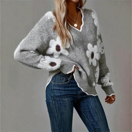 Womens Floral Sweaters Casual Long Sleeve Knit Pullover V Neck Top