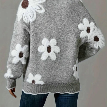 Womens Floral Sweaters Casual Long Sleeve Knit Pullover V Neck Top