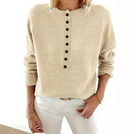 Womens Button Crew Neck Sweaters Fall Long Sleeve Knit Pullover Jumper