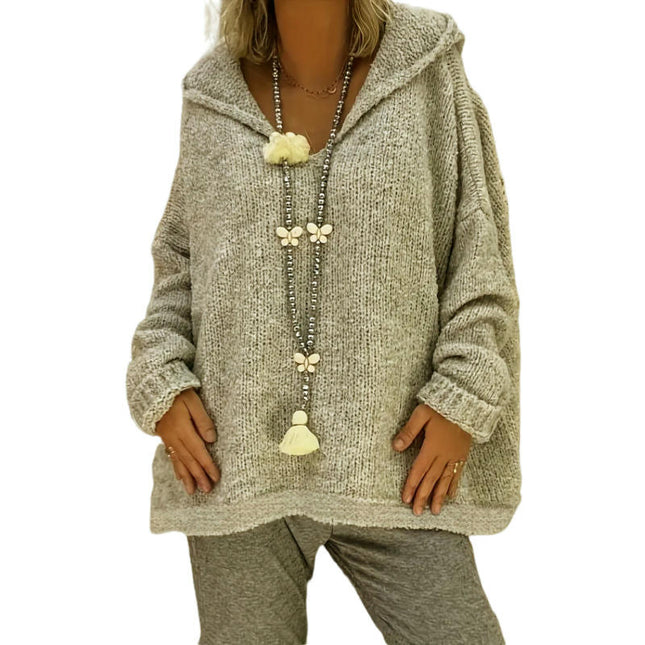 Women V Neck Solid Pullover Sweaters Loose Long Sleeve Knit Jumper