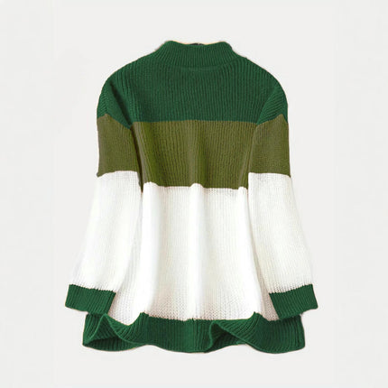Autumn and Winter Retro Round Neck Contrast Color Ladies Long Sleeve Sweater
