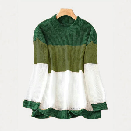 Autumn and Winter Retro Round Neck Contrast Color Ladies Long Sleeve Sweater