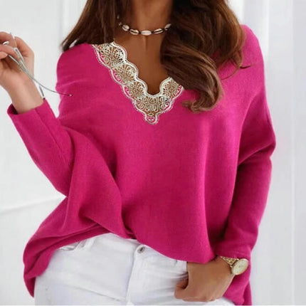 Ladies Lace V-neck Top Long Sleeve Elegant Large Size Pullover Sweater