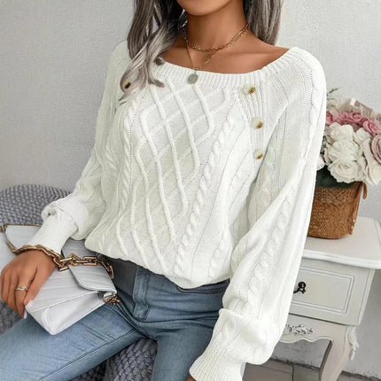 Women's Lightweight Cable Long Sleeve Buttons Loose Casual Sweater Jumpers