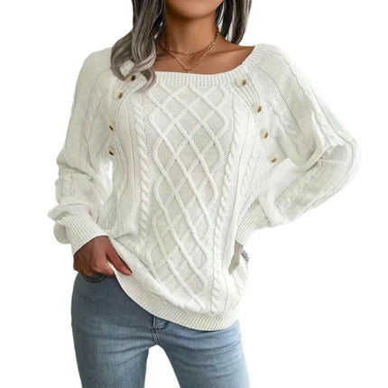 Women's Lightweight Cable Long Sleeve Buttons Loose Casual Sweater Jumpers