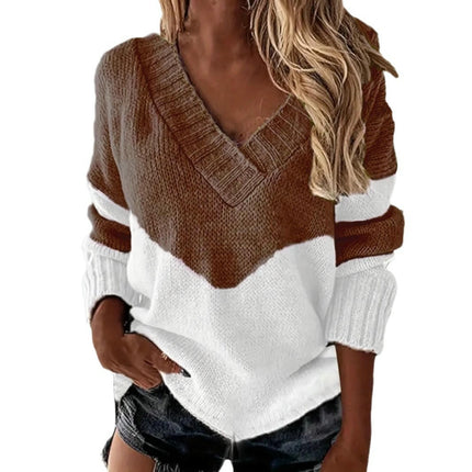 Women's Long Sleeve Pullover Sweater Casual Loose Contrast Color V-Neck Sweater